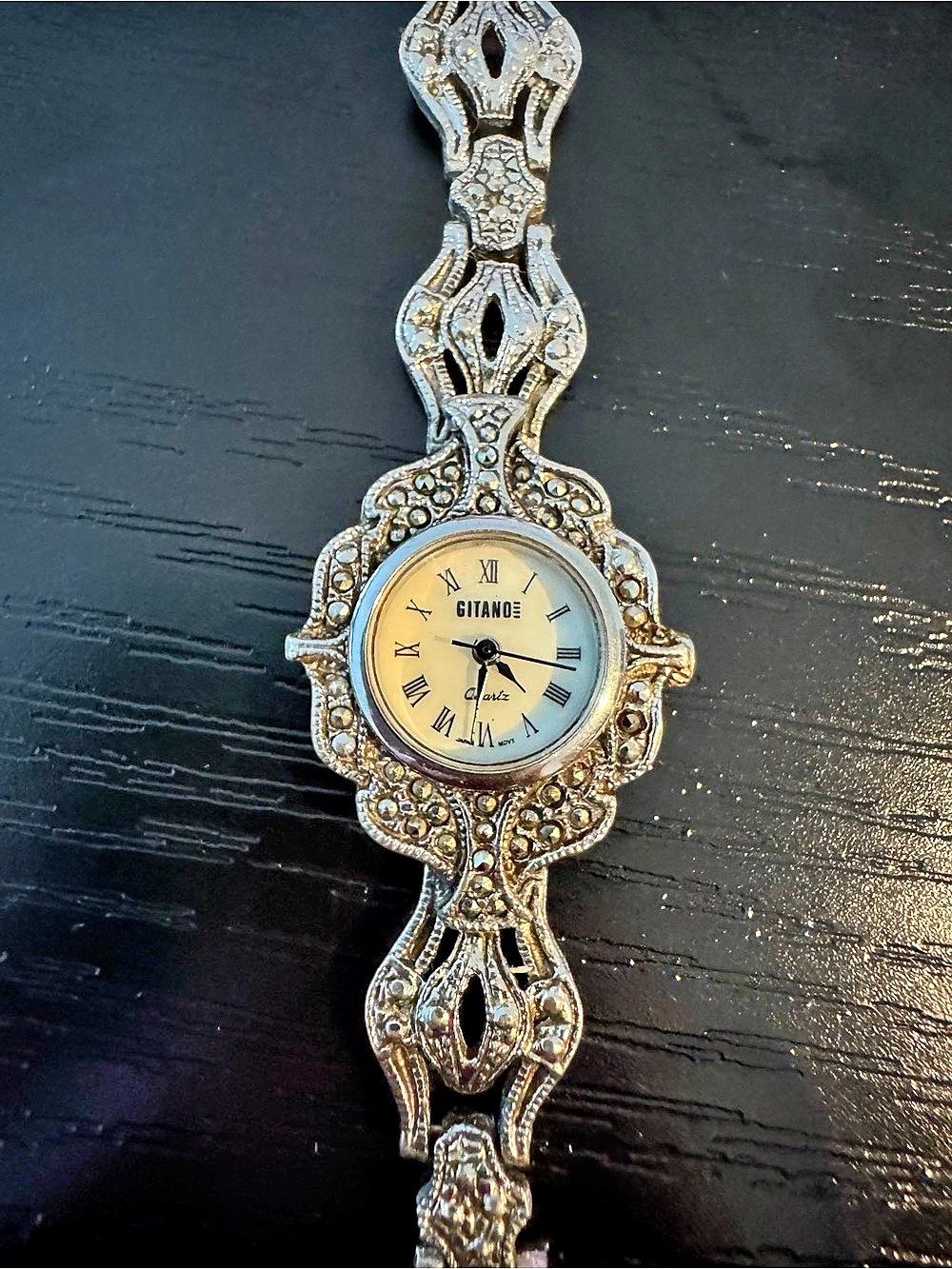 Vintage Gitano Art Deco Style Marcasite Watch Silvertone Bracelet Roman Numeral